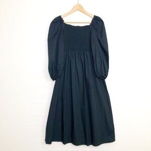 J Crew black smocked bodice puff sleeve, midi dress